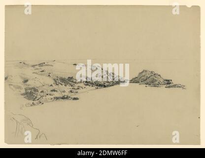 Studie über Meeresküste, Rhode Island, William Trost Richards, Amerikaner, 1833–1905, Kohle und Graphit auf Papier, Skizze einer Bucht mit Felsen entlang der Küste., Rhode Island, USA, ca. 1877, Seestücke, Zeichnung Stockfoto