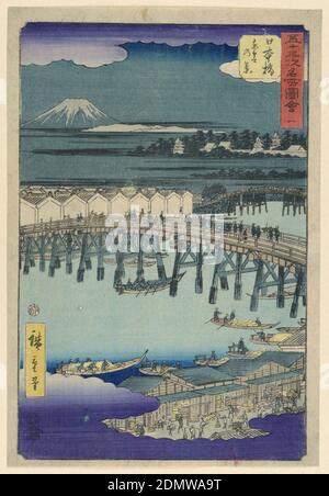 Nihonbashi aus der Serie 53 Stations of Tokaido, Ando Hiroshige, Japanese, 1797–1858, Holzschnitt in farbiger Tinte auf Papier, Blick aus der Vogelperspektive über die Dächer eines Viertels in Edo während der Nacht. Mt. Fuji begleitet die hellen und dunklen Silhouetten der Brücke und der Stadt. Lila Wolken umrahmen den oberen und unteren Rand des Drucks, Japan, 1855, Landschaften, Druck Stockfoto