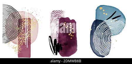 Aquarell Malerei ästhetischen Hintergrund. Heimtextilien-Set, schlichtes violettes Marineblau-Design. Rechteckige quadratische Formen, minimale abstrakte Vorlage. Modernes B Stock Vektor