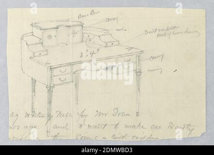 Design für Schreibtisch mit Top-Schrank und Ionic Capitals auf Beinen, A. N. Davenport Co., Graphit auf dünnem cremefarbenem Papier, rechteckige Tischplatte mit geformter Zentralplatte, flankiert von 2 Schubladen auf beiden Seiten; angehoben auf 4 geriffelten, verjüngenden, säulenförmigen Beinen mit ionischen Kapitellen; Zentralschrank auf der Rückseite der Oberseite, bestehend aus versenkter Mitte, flankiert von 2 Türen mit Erweiterungen mit 3 kleinen Schubladen auf beiden Seiten., 1900–05, Möbel, Zeichnung Stockfoto