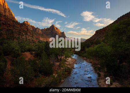 Beautiful view of the virgin river and the Narrows trail in the river at Zion National Park, in the State of Utah, USA. Stock Photo