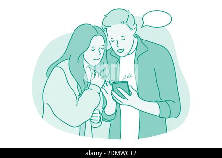 Online communication, Smartphone, chatting concept. Young couple standing looking at smartphone together, chatting, searching information in internet, Stock Vektor