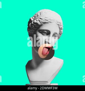 Collage with plaster head model, statue and female portrait isolated on green background. Negative space to insert your text. Modern design. Contemporary colorful and conceptual bright art collage. Stockfoto