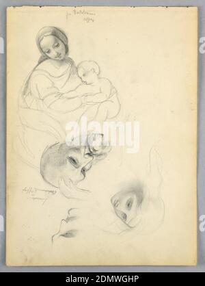 Madonna mit Kind, Skizzen nach Leonardo Da Vinci und Fra Bartolomeo von Werken in den Uffizien, Florenz, Daniel Huntington, Amerikaner, 1816–1906, Graphit auf weißem Gewebspapier, Madonna mit Kind, oben links, mit Fra Bartolomeos Namen oben. Unten Kopf einer Frau, ein älterer bärtiger Mann und das Gesicht eines Mannes, der richtig aussieht. Name zwischen ihnen., Florenz, Italien, USA, Oktober 1844, Figuren, Zeichnung Stockfoto