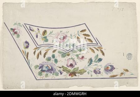 Design for Embroidery, Gentleman's Weste Pocket, Pinsel und Aquarell, Gouache und Graphit auf cremefarbenem Papier, Design für eine Männerweste oder Weste Tasche mit rosa und lila Blüten mit grünen und braunen Blättern. In der Mitte der Taschenklappe befindet sich eine rosa Blume. Unterhalb der Mitte der Klappe erscheinen zwei rosa Blüten, mit einer violetten Blume auf beiden Seiten. Blumen erscheinen auch links von der Taschenklappe. Lila Kanten umreißen die Weste Tasche und Tasche Patte., Frankreich, ca. 1785, Stickereien & Nähte, Zeichnung Stockfoto