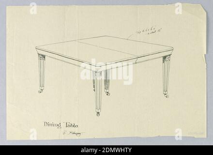 Design für einen sechseckigen rechteckigen Esstisch aus Mahagoni, A.N. Davenport Co., Stift und schwarze Tinte auf dünnem, cremefarbenem Papier, rechteckige geformte Tischplatte mit teilbarer Bahre auf 6 schrägen Beinen auf Rollen mit Flötenanschlägen; Beine an den Spitzen geschnitzt., 1900–05, Möbel, Zeichnung Stockfoto