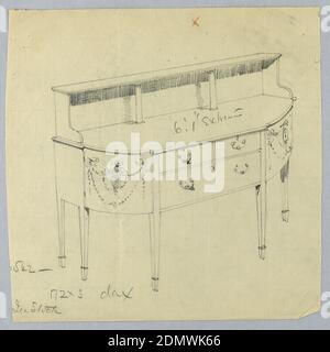 Design für Sideboard mit Voluten Unterstützung Obere Regal, A. N. Davenport Co., Graphit auf dünnem Papier, rechteckiges Sideboard auf sechs verjüngten Beinen (5 abgebildet); abgerundete Vorderecken mit neoklassizistischen Motiven; flache Vorderseite mit drei Schubladen in zwei Reihen; verlängerter Rücken, zwei Säulen und zwei L-förmige Voluten unterstützen das obere Regal., 1900–05, Möbel, Zeichnung Stockfoto