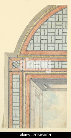 Entwurf für Deckendekoration, wahrscheinlich für Konservatorium/Musikzimmer oder vielleicht Esszimmer, Frederick Crace, Englisch, 1779–1859, Pinsel und Aquarell, Graphit auf Papier, Vertikales Rechteck. Design für den Royal Pavilion, Brighton. Das Detail des Entwurfs für die Decke, die in drei Abteilungen unterteilt ist: Quadratisch und zwei halbowale Abschnitte. Etwa ein Viertel des Entwurfs wird gezeigt, wobei das Quadrat die gemalte Darstellung eines wolkigen Himmels zeigt, umgeben von einer Balustrade und Bambusrahmen. Oval mit Bambus-Spalier-Design., Original-Album mit dieser Sammlung verbunden noch vorhanden. Stockfoto