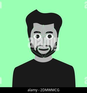Gesichtserkennung die moderne Technologie verwendet biometrische Indetifier, um die Identität von Person und Mensch zu identifizieren und zu verifizieren. Vektorgrafik. Stockfoto