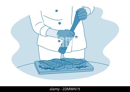 Kochen, professioneller Koch, Restaurantkonzept. Hände des Mannes professionelle Köche in Uniform Zugabe von Gewürzen und Kochen Fleisch für die Gäste im Restaurant. Los Stock Vektor