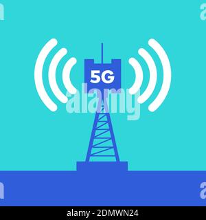 Übertragung, Übertragung und Verteilung des Internet-Signals von 5G-Antenne, Kommunikationsturm, Sender und Satellit. Vektorgrafik Stockfoto