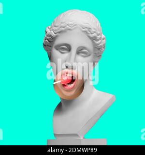 Collage with plaster head model, statue and female portrait isolated on turquoise background. Negative space to insert your text. Modern design. Contemporary colorful and conceptual bright art collage. Stockfoto