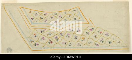 Design für gestickte oder gewebte Bordüre der 'Fabrique de St. Ruf', Fabrique de Saint Ruf, Lyon, Frankreich, Graphit, Pinsel und Gouache auf Papier, orangefarbene Kanten mit Reihen blauer Perlen entlang der Seiten- und Unterkanten der Klappe der Tasche und der Weste. Bögen bilden Lozenges, in denen ein Großteil eines Blütenbogens gezeigt wird., Frankreich, 1780–1790, Zeichnung Stockfoto