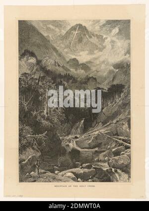 Mountain of the Holy Cross, Colorado, Thomas Moran, Amerikaner, B. Großbritannien, 1837–1926, Bogert, Holzstich auf cremefarbenem Wove-Papier, Blick auf die Berglandschaft, zentraler Berg mit abgegrenzter Kreuzform; Bäume in der Mitte Boden und Fluss durch in den Vordergrund, wo es eine männliche Figur mit Spazierstock und Tasche auf Felsformation., England und USA, 1874, Landschaften, Drucken Stockfoto