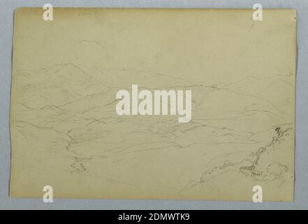 Skizzen von Pflanzen und Teilen der Balustrade an der Terrasse des Gasthauses in Guaranda, Ecuador, Frederic Edwin Church, American, 1826–1900, Recto: Graphit, Pinsel und weiße Gouache auf cremefarbenem Papier Verso: Graphit auf cremefarbenem Papier, Recto: Vertikale Skizzen von zwei Pflanzengruppen, einige links mehr rechts oben, während ein Teil einer Balustrade, die an eine Terrasse angrenzt, zu der zwei Stufen führen, sowie Vasen und Blumentöpfe unten zu sehen sind., Verso: Horizontale Fernansicht einer bergigen Landschaft mit dem Berg Chimborazo im linken Hintergrund Stockfoto