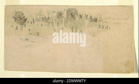 Army Wagon Train, Winslow Homer, amerikanisch, 1836–1910, Graphit auf Papier, Recto: Horizontale Ansicht eines Zuges von Armeewagen, gezeichnet von Maultieren., Verso: Unterer Teil zweier Frauen mit Crinolinen., USA, 1864, Landschaften, Zeichnung Stockfoto