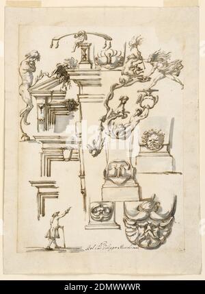 Architekturdetails und Figurenstudie, Filippo Marchionni, italienisch, 1732–1805, Stift und Tinte, Pinsel und graues Aquarell auf getupftem Papier, drei obere Teile von Fensterkästen; Blick auf den oberen Teil eines Hauses Ecke, mit einem Sockel, auf dem sitzt ein Putto Unterstützung einer langen gewölbten Blatt Holz mit zwei Quasten an jedem Ende. Zwei unteren Enden der Säulen, jeder mit einer Maske; eine Maske; eine Volute wahrscheinlich für einen Keystone. Zwei Teile grotesker Dekoration mit Halbfigur eines Mannes mit zwei Rollen; eine Hexe mit brennender Fackel, nach der eine laufende Frau greift. Letztere hat ihren rechten Fuß auf einer Stütze Stockfoto
