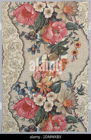 Quilt Fragment, Medium: Cotton Technik: Rollendruck auf Leinwandbindung, Fragment eines Baumwollquilts gedruckt in einem Chintz-Muster, das eine geschwungene Blumenanordnung in tiefen Farben von Rot, Blau, Orange und Grün hat (erreicht durch Druck von Gelb und Blau). Zwei zarte Spitzen-ähnliche Bänder mit S-Kurven folgen der Linie der Blüten auf beiden Seiten. Der Hintergrund ist mit feinen Curlicues bedruckt. Ein Holzzylinder in einem Reliefmuster geschnitzt wurde verwendet, um die großen Farbflächen zu drucken, während ein Kupferzylinder graviert wurde verwendet, um die empfindlichen linearen Elemente in einem Doppelprozess als Maultierdruck bekannt auftragen Stockfoto