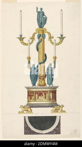 Design für einen Kerzenständer, Luigi Righetti, Italienisch, 1780 - 1819, Stift und Tinte, Pinsel und Aquarell, Graphit auf Papier, Vertikales Rechteck. Design für einen Kerzenständer, der in vergoldeter und grüner Bronze und weißem und farbigem Marmor ausgeführt werden soll. Basis unterstützt von zwei liegenden goldenen Greifen. Auf einer halbrunden Basis mit Reliefs, die antike Szenen darstellen, steht eine Säule mit der Statue des Apollo auf der Oberseite. Zwei Arme mit brennenden Kerzen sprießen aus Widderköpfen, unterhalb der ionischen Hauptstadt. Eine Schlange ist um die Säule gewickelt. Vor der Säule steht ein Stativ Stockfoto