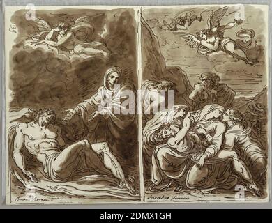 Klagelied über den Körper, Felice Giani, italienisch, 1758–1823, Feder und braune Tusche, Pinsel und braune Wäsche, über Spuren schwarzer Kreide auf weißem schwerem Gewebspapier, linke Zeichnung des Leibes Christi, der links unten liegt; Jungfrau, Vorderseite mit ausgestreckten Armen zu Christus. Engel auf Wolken oben. Rechte Zeichnung des Leibes Christi, der im Schoß der Jungfrau ruht; zwei Marys lehnen sich von links und rechts zu ihr hin. St. John hinter ihr auf der linken Seite. Zwei männliche Figuren, eine mit Turban am Mittelgrund. Zwei Engel auf Wolken oben., Italien, Italien, 1821–22, Figuren, Skizzenbuch Folio Stockfoto