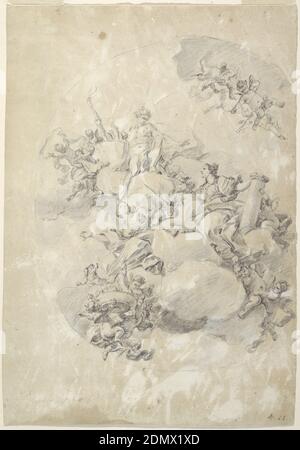 Studie für ein ovales Deckendesign, Apollo, Stärke und Liebe, Fedele Fischetti, Italienisch, 1734 - 1789, Stift und Pinsel und schwarze Tinte, Grauwäsche, schwarze Kreide auf cremefarbenem Papier, Figur von Apollo hebt eine Fackel. Allegorie der Stärke stützt eine Säule und hält ihre linke Hand mit einem Schwert über ein Feuer. Die Liebe hat ein Feuer auf ihrer Stirn und wird von einem Hund und Putti begleitet, die brennende Herzen tragen. Die Figuren sitzen auf Wolken. Weitere Putti sind anwesend., Italien, 1760–89, Interieurs, Drawing Stockfoto