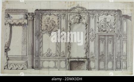 Wandhöhe des Schlafzimmers des Prinzen de Rohan, Hôtel de Soubise, Paris, Germain Boffrand, französisch, 1667 - 1754, Stift und schwarze, graue Tinte, Pinsel und Grauwäsche, Gouache, Graphit, auf drei zusammengesetzten Blättern aus weißem Papier, eingeschnitzt zur Übertragung auf Gravurplatte, Die Höhe zeigt die Bettnische, von der linken Seite gesehen, und neben einer (von einem Paar) korinthischen Säulen. Der Rest des Innenraums zeigt einen Kamin, Mitte und eine doppelt getäfelte Tür auf der rechten Seite. Die Holzvertäfelung ist reich geschnitzt und bemalt, wie für die Übertüren und die Verkleidung links vom Kamin angegeben Stockfoto