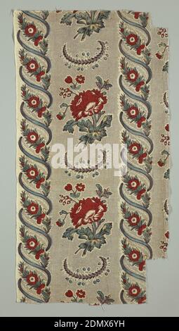 Textile, Medium: cotton Technique: block printed on plain weave, Off-white cotton, block printed in a floral design in red, blue, yellow, and green, outlined in dark brown. Ascending spirals of green-blue ribbon with curved clusters of small flowers form vertical columns; in the spaces a floral sprig with a large red flower alternates with a curving foliage pattern in violet and blue. The back-ground is filled with a picotage pattern in black. b) is cut from upper left corner of a)., France, late 18th century, printed, dyed & painted textiles, Textile Stock Photo
