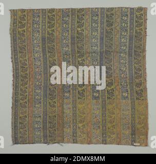 Fragment, Medium: Seide, metallische Fäden Technik: Einfarbiger Mischtwill mit Brokat (?), Gestreiftes Textil mit Details in Silber. Vier wiederholte Motive innerhalb der Streifen sind indische Palmmotivblumen und Arabesken. Dunkelblau, grün, rosa und braun., Iran, 17. Jahrhundert, gewebte Textilien, Fragment Stockfoto