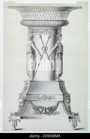 Design for a Bowl with a stand, Joseph Anton Seethaler II, German, 1799–1868, Pen and ink, brush and watercolor on paper, A Podest of complicated Design showing a fruit festoon, with bärted masks and plant motides, is supported by Lotus blüht. Eine große und kurze Säule ist von Mädchen umgeben, die einen Thyrsus in einer der beiden Hände halten. Die Hauptstadt ist wie ein Korb geformt., Deutschland, 1827-1835, Zeichnung Stockfoto