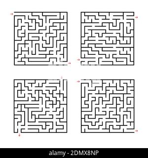 Ein Satz quadratischer Labyrinthe. Spiel für Kinder. Puzzle für Kinder. Labyrinth-Rätsel. Flache Vektorgrafiken isoliert auf weißem Hintergrund. Stock Vektor