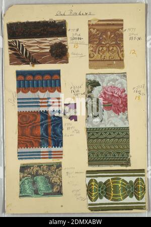 Border, Block-printed and flocked, Eight swatches of wallpaper borders, including fancy gimp, ribbons, architectural moldings, moire, floral., France, 1820–50, Wallcoverings, Border Stock Photo