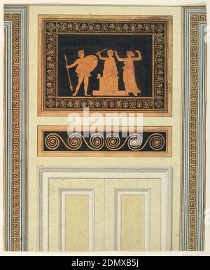 Wall Elevation, Frederick Crace, Englisch, 1779–1859, Stift und schwarze Tinte, Pinsel und Aquarell auf Gewebspapier, Vertikales Rechteck: Zwei getäfelte Türen Mitte, griechisches Fries-Design oben, griechisches Bunddesign links und rechts., 1815–22, Innenräume, Zeichnung Stockfoto