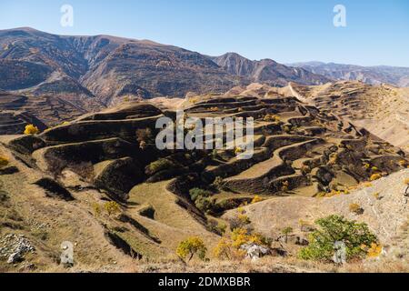 Malerischer grüner Kaskadenhügel mit bunten Herbstbäumen und Wiese In großen ruhigen Tal auf Hochland an schönen sonnigen Tag Panoramablick Stockfoto