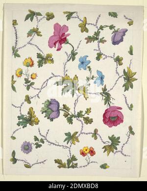 Blumenmuster für bedruckte Textilien, Louis-Albert DuBois, Schweizer, 1752–1818, Pinsel und Gouache, Grapahit auf weißem Webpapier, mehrfarbiges Blumen- und Blattdesign auf weißem Grund., Frankreich, 1800–1818, Textildesigns, Zeichnung Stockfoto