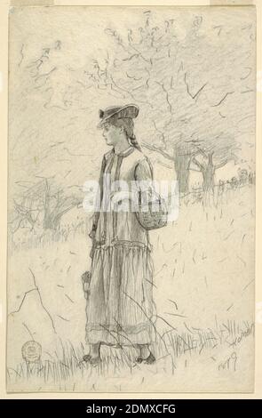 Young Woman Carrying a Basket, Winslow Homer, amerikanisch, 1836–1910, Graphit auf schwerem, cremefarbenen Webe-Papier geht EINE junge Frau durch ein Feld, das einen Korb in der rechten Hand und einen anderen in der linken trägt. Bäume füllen den Hintergrund., USA, 1879, Figuren, Zeichnung Stockfoto