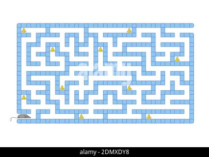 Farbiges rechteckiges Labyrinth. Helfen Sie der Maus, alle Käse zu sammeln. Spiel für Kinder. Puzzle für Kinder. Labyrinth-Rätsel. Flache Vektorgrafik Stock Vektor