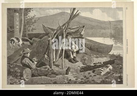 Camping in den Adirondack Mountains, Winslow Homer, Amerikaner, 1836–1910, Edward Lagarde, Amerikaner, 19. Jahrhundert, Harper's Weekly, Holzstich in schwarzer Tinte auf Papier, zwei Männer, Rufus Wallace und unbekannter Begleiter, Setzen Sie sich vor einer Rinde an der Küste des Mink Pond vor einem Schmierfeuer hin, um die Insekten fern zu halten. Im rechten Mittelgrund kann man Angelzubehör, einschließlich eines Kanus und einer Schnur von drei Fischen, finden, während man im linken Mittelgrund einen Hund sieht., USA, 7. November 1874, Abbildungen, Drucken Stockfoto