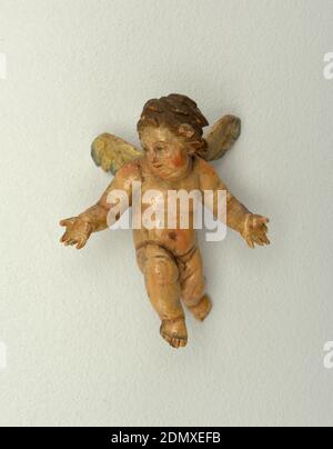 Engelsfigur, Pappmaché-mâché, Cherub mit ausgestreckten Armen, ein Bein nach vorne, Kopf nach rechts. Bemalte Akzente auf Flügeln. ., Italien, 18. Jahrhundert, Figuren, Dekorative Künste, Engelsfigur Stockfoto