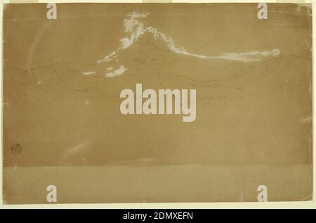 Mount Chimborazo, bei Guanojo und Guaranda, Ecuador, Frederic Edwin Church, American, 1826–1900, Graphit, Pinsel und weiße Gouache auf grauem Papier, Horizontale Ansicht des Mount Chimborazo und der benachbarten Berge mit den Dächern zweier Häuser und einem Plateau im Vordergrund sichtbar., 13. Juni 1857, Landschaften, Zeichnung Stockfoto