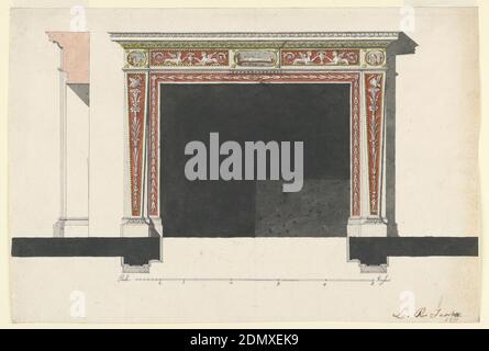 Design für ein Chimneypiece, Luigi Righetti, Italienisch, 1780 - 1819, Stift und schwarze Tinte, Pinsel und Aquarell, Graphit auf Papier, Horizontales Rechteck. Entwurf für ein Kaminstück, das in Marmor mit Mosaiken und Bronzeapplikationen ausgeführt werden soll. Seitlich sind zwei Pfeilerstreifen auf beiden Seiten, die vorne die Form eines Endlos haben. Es wird von einem Formteil eingerahmt, ebenso wie der Rand, der die Öffnung auf drei Seiten umrahmt. Der Terminus ist mit einem Pflanzenkandelaber mit einem Schwan auf der Oberseite, die Grenze von Girlanden von Calyces geschmückt. Die Ornamente sind weiß auf rotem Grund. Stockfoto