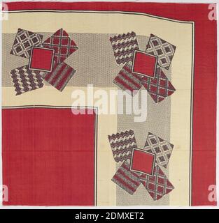 Schal Muster, Medium: Seide Technik: Gedruckt auf Leinwandbindung, Viertel eines bedruckten Schal mit einfarbigem rotem Feld, rote und schwarze Grenze mit Design von Stoffmustern, England, Mitte des 19. Jahrhunderts, bedruckte, gefärbte & bemalte Textilien, Schal Muster Stockfoto