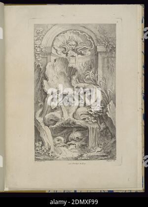 Tafel 6, Receuil de Fontaines (Sammlung der Brunnen), François Boucher, französisch, 1703 – 1770, Gabriel Huquier, französisch, 1695–1772, Gabriel Huquier, französisch, 1695–1772, Gravur auf Papier, Folio 6, Tafel 6 einer Serie von 7. Design für einen Brunnen. Rokoko Brunnen Design mit zwei Tritonen zwischen einer Reihe von großen Schalen mit Wasser fließt. Jede Figur bläst in ein konchenähnliches Horn, aus dem ein Wasserstrom fließt. Unten zwei Delphine oder Meerestiere. Der Brunnen befindet sich in einer Nische, mit dem Gesicht von Poseidon in einer Muschelform darüber., Paris, Frankreich, 1736, Alben Stockfoto