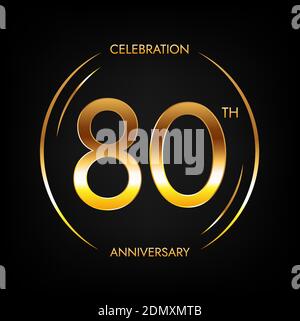 80th anniversary. Eighty years birthday celebration banner in bright golden color. Circular logo with elegant number design. Stock Vector