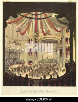 Innenansicht der Musikakademie aus der Sicht von Dress Circle, Lithograph auf Papier, Vertikales Format. Ausstellungstische im Parkett, und was wie eine Modenschau auf der Bühne erscheint. Die Decke des Theaters ist mit langen drapierten Bändern geschmückt. Unten: 'Brooklyn Sanitary Fair, 1864 / Innenansicht der Academy of Music, vom Dress Circle aus gesehen'. (Platte aus 'History of the Brooklyn and Long Island Fair, 22. Februar 1864, S. 32.), Brooklyn, New York, USA, 1864, Architektur, Innenräume, Print Stockfoto