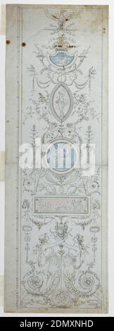 Design for a Painted Panel, Jean-Guillaume Moitte, Französisch, 1746–1810, Stift und Tinte, Pinsel und Aquarell, Sepia, Graphit auf Papier, Vertikale Bänder mit Leuchter. In der Mitte ist ein blauer Kreis mit den drei Grazien. Oben Jupiters Adler mit Gewittern. Maßstab an Seite., Frankreich, ca. 1765, Grotesken, Zeichnung Stockfoto