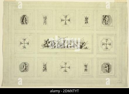 Deckenschrank dem Krieg gewidmet, Palazzo Quirinale, Rom, Felice Giani, Italienisch, 1758–1823, Stift und dunkelgraue Tinte, Pinsel und Grau waschen über schwarzen Kreide beherrschte Linien auf hellgrünlich-beigefarbenem Gewebspapier, Decke unterteilt in 8 quadratische und 5 rechteckige Fächer, jeweils mit zentralem Motiv. Zentrale horizontale rechteckige Tafel zeigt Triumph des Krieges: Links, bestiegener Krieger in klassischer Rüstung kämpft Fußsoldat; in der Mitte, Krieger in Pferdewagen und oben Sieg mit Trompete; rechts, andere Kämpfer der Opposition und Sieg mit Trompete. Siege in quadratischen Tafeln an vier Ecken Stockfoto