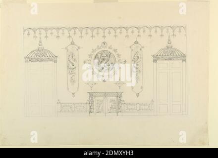 Design for the Entrance Hall, Royal Pavilion, Brighton, Frederick Crace, Englisch, 1779–1859, Graphit auf Papier, Horizontales Rechteck. Design für den Royal Pavilion, Brighton. Erhebung einer Wand, mit einem Kaminsims in der Mitte, flankiert von zwei Türöffnungen. Über dem Kaminsims sind runde und aufrechte Platten mit Drachen gemalt. Säulen mit Lotus-förmigen Kapitellen schmücken die Seiten der Türen, und eine geschnitzte Entablatur über ihnen. Geschnitztes Gesims oben., England, 1819–20, Interieurs, Drawing Stockfoto