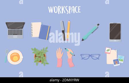 Arbeitsplatz Laptop Papier Stift Stift Telefon Brille Tee Tasse und Topfpflanze Büro Symbole, Draufsicht Design Vektor Illustration Stock Vektor