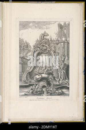 Brunnen mit Kartusche und Gebäuden, Pierre Edme Babel, französisch, ca. 1720-1775, Pierre Edme Babel, französisch, ca. 1720-1775, Jacques Chéreau, französisch, 1688–1776, Radierung auf weißem Papier, Fontäne-Design in Kartusche mit Gebäuden im Hintergrund, Frankreich, 1700–1775, Architektur, Print Stockfoto