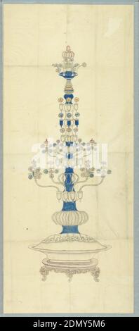 Design for a Lighting Fixture, Frederick Crace, Englisch, 1779–1859, Pinsel und Aquarell, Stift und Tinte auf dünnem Papier, vertikales Rechteck. Design für den Royal Pavilion, Brighton. Ein hoher Schaft, der von einer jardinère auf einem Ständer steigt. Große und kleine Äste mit Clustern chinesischer Blumen entspringen aus dem Schacht., Originalalbum, das mit dieser Sammlung verbunden ist, existiert noch. Siehe 1948-40-1 Zubehör, England, 1815–22, Beleuchtung, Zeichnung Stockfoto